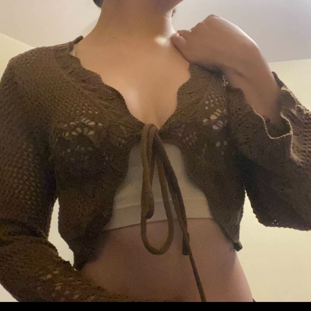 Brown Crochet Tie-Front Cardigan